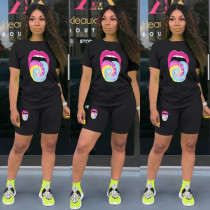 Tongue Print T Shirt And Shorts Two Piece Sets LSD-8714