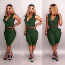 Plus Size Solid Ruffled Sleeveless Two Piece Shorts Set LSD-8111