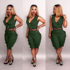 Plus Size Solid Ruffled Sleeveless Two Piece Shorts Set LSD-8111
