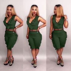 Plus Size Solid Ruffled Sleeveless Two Piece Shorts Set LSD-8111