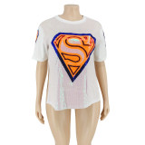 Plus Size Sequined Split Short Sleeve Tops OSIF-20925