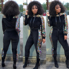 Plus Size Velvet Sequined Patchwork 2 Piece Sets OSIF-21031