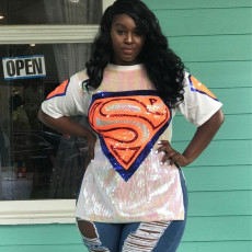Plus Size Sequined Split Short Sleeve Tops OSIF-20925