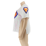 Plus Size Sequined Split Short Sleeve Tops OSIF-20925