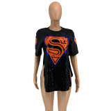 Plus Size Sequined Split Short Sleeve Tops OSIF-20925