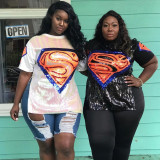 Plus Size Sequined Split Short Sleeve Tops OSIF-20925