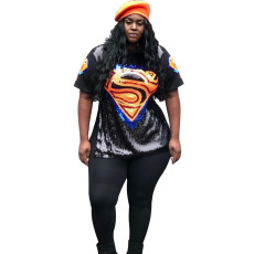 Plus Size Sequined Split Short Sleeve Tops OSIF-20925