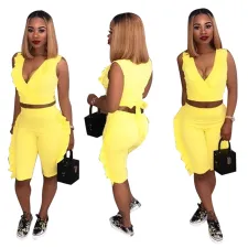 Plus Size Solid Ruffled Sleeveless Two Piece Shorts Set LSD-8111