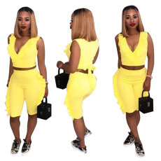 Plus Size Solid Ruffled Sleeveless Two Piece Shorts Set LSD-8111