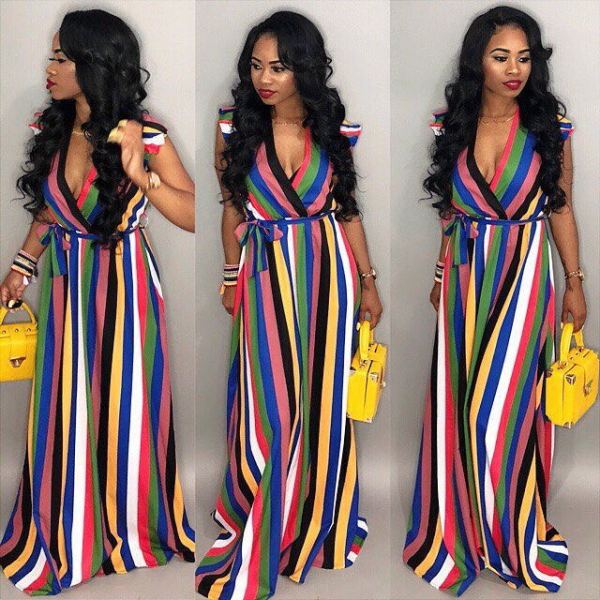 Rainbow Striped V Neck Maxi Dress LSD-8133