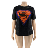 Plus Size Sequined Split Short Sleeve Tops OSIF-20925
