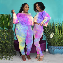 Plus Size Tie Dye Print Long Sleeve 2 Piece Suits OSIF-20897