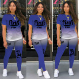 Pink Letter Print T Shirt Pants Two Piece Sets TK-6150