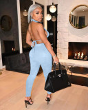 Sexy Solid Halter Crop Top And Pants 2 Piece Sets TK-6151