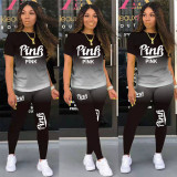 Pink Letter Print T Shirt Pants Two Piece Sets TK-6150