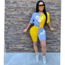 Pink Letter Embroidery Casual 2 Piece Short Sets WSM-5333