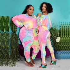 Plus Size Tie Dye Print Long Sleeve 2 Piece Suits OSIF-20897