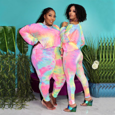 Plus Size Tie Dye Print Long Sleeve 2 Piece Suits OSIF-20897
