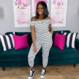 Casual Striped Slash Neck Short Sleeve Jumpsuits OY-6251