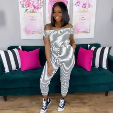 Casual Striped Slash Neck Short Sleeve Jumpsuits OY-6251