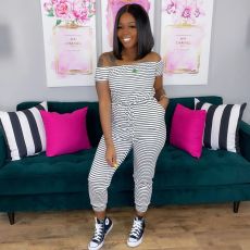 Casual Striped Slash Neck Short Sleeve Jumpsuits OY-6251