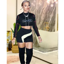 Letter Printed Long Sleeve Two Piece Short Sets MDF-5208