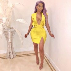 Sexy Ruffled Deep V Neck Split Mini Dress QZX-6191