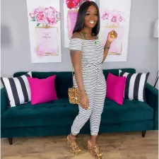 Casual Striped Slash Neck Short Sleeve Jumpsuits OY-6251
