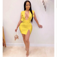 Sexy Ruffled Deep V Neck Split Mini Dress QZX-6191