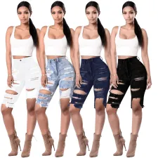 Denim Ripped Hole Knee Length Jeans HSF-2067