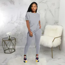 Casual Solid Short Sleeve Two Piece Pants Set SMR-9683_2