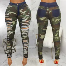Plus Size Camo Print Hole Skinny Pants HSF-2096