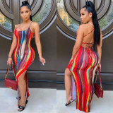 Sexy Printed Split Backless Slip Maxi Dress BGN-148