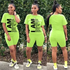 Fashion Casual Letter Printed Short Sleeve Shorts Two Piece Set WAF-7148 
