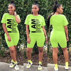 Fashion Casual Letter Printed Short Sleeve Shorts Two Piece Set WAF-7148 