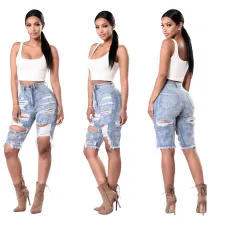 Denim Ripped Hole Knee Length Jeans HSF-2067