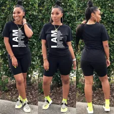 Fashion Casual Letter Printed Short Sleeve Shorts Two Piece Set WAF-7148 