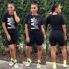 Fashion Casual Letter Printed Short Sleeve Shorts Two Piece Set WAF-7148 