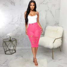 Denim Ripped Hole High Waist Capri Jeans HSF-2076