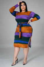 Plus Size Striped Ribbed Long Sleeve Sashes Midi Dress OSM-5275
