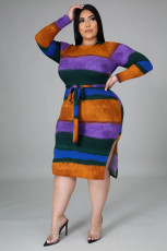 Plus Size Striped Ribbed Long Sleeve Sashes Midi Dress OSM-5275