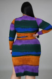 Plus Size Striped Ribbed Long Sleeve Sashes Midi Dress OSM-5275