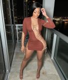 Sexy Lace Up Hollow Out Long Sleeve Mini Club Dress SXF-2102105