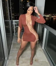 Sexy Lace Up Hollow Out Long Sleeve Mini Club Dress SXF-2102105