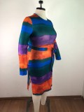 Plus Size Striped Ribbed Long Sleeve Sashes Midi Dress OSM-5275
