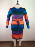 Plus Size Striped Ribbed Long Sleeve Sashes Midi Dress OSM-5275
