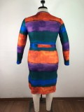 Plus Size Striped Ribbed Long Sleeve Sashes Midi Dress OSM-5275