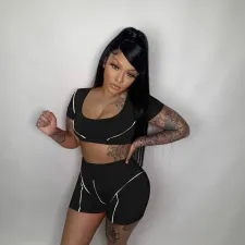 Casual Reflective Strip Sports Two Piece Short Sets FNN-8584