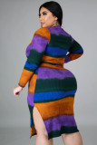 Plus Size Striped Ribbed Long Sleeve Sashes Midi Dress OSM-5275