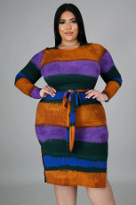 Plus Size Striped Ribbed Long Sleeve Sashes Midi Dress OSM-5275